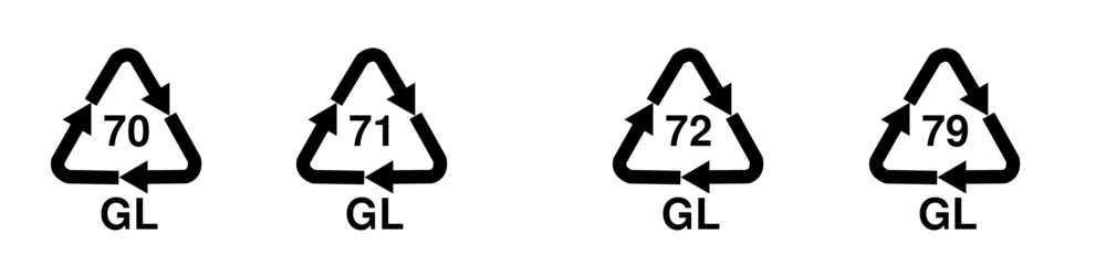 Obrázok recyklačných symbolov skla (70 GL, 71 GL, 72 GL, 79 GL)