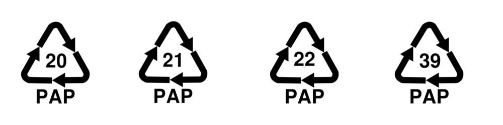 Obrázok recyklačných symbolov papiera (20 PAP, 21 PAP, 22 PAP, 39 PAP)